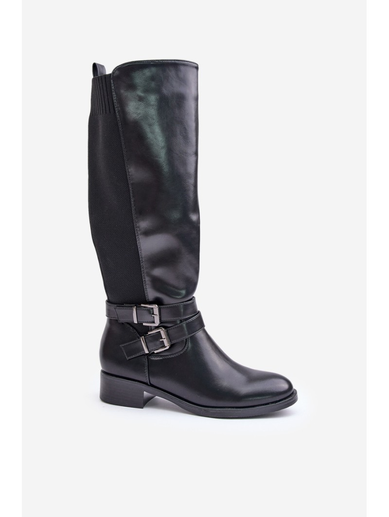 Knee High Women's Boots with Flat Heels and Buckles Black Lotina