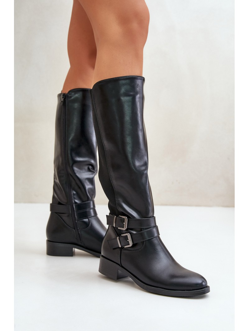 Knee High Women's Boots with Flat Heels and Buckles Black Lotina
