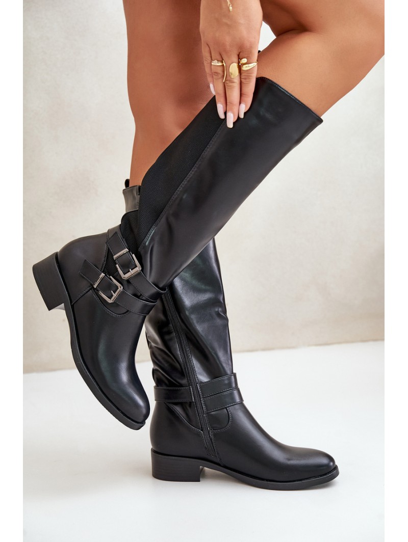 Knee High Women's Boots with Flat Heels and Buckles Black Lotina