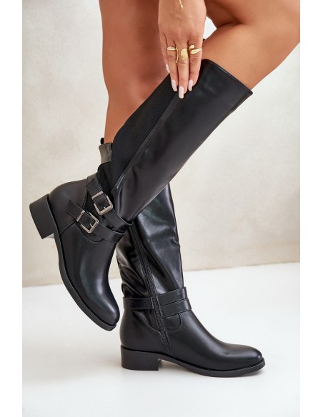 Knee High Women's Boots with Flat Heels and Buckles Black Lotina