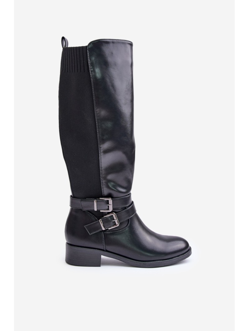 Knee High Women's Boots with Flat Heels and Buckles Black Lotina
