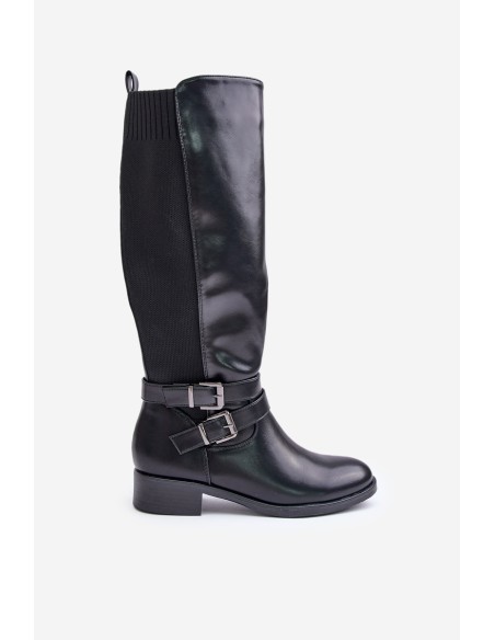 Knee High Women's Boots with Flat Heels and Buckles Black Lotina