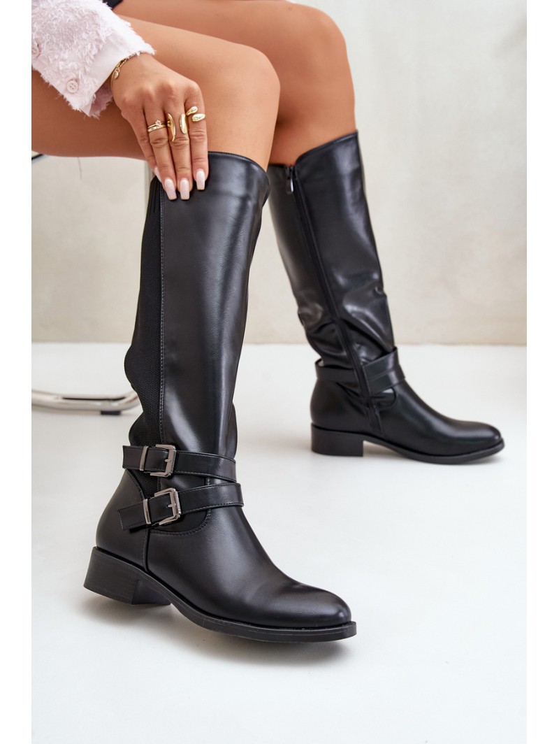 Knee High Women's Boots with Flat Heels and Buckles Black Lotina