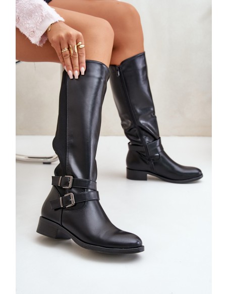 Knee High Women's Boots with Flat Heels and Buckles Black Lotina