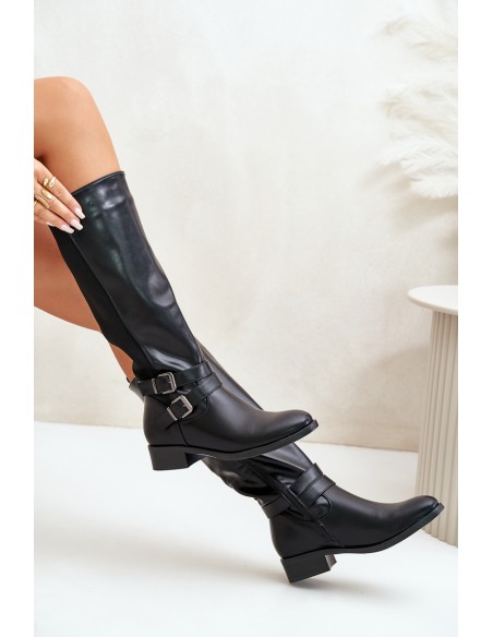 Knee High Women's Boots with Flat Heels and Buckles Black Lotina