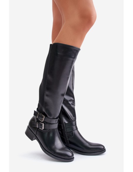 Knee High Women's Boots with Flat Heels and Buckles Black Lotina