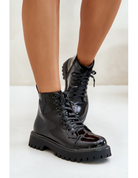 Lacquered Ankle Boots With Zip And Decorative Heart Black Obeena