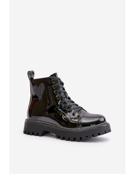 Lacquered Ankle Boots With Zip And Decorative Heart Black Obeena