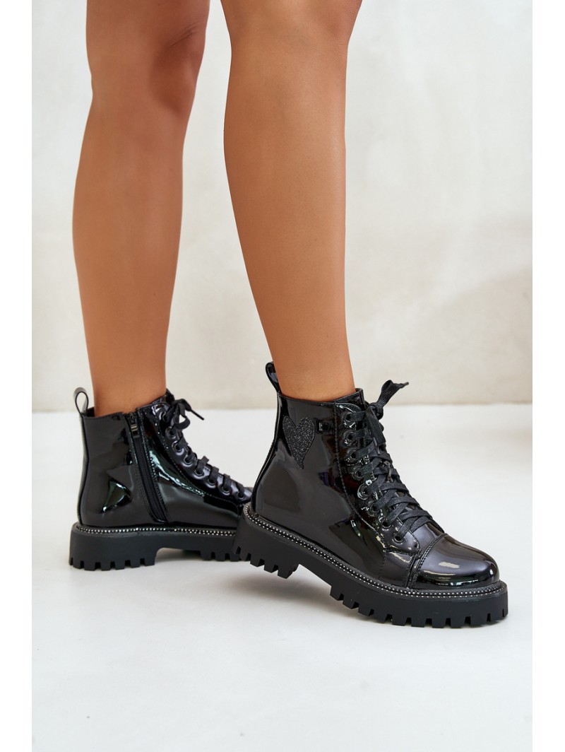 Lacquered Ankle Boots With Zip And Decorative Heart Black Obeena