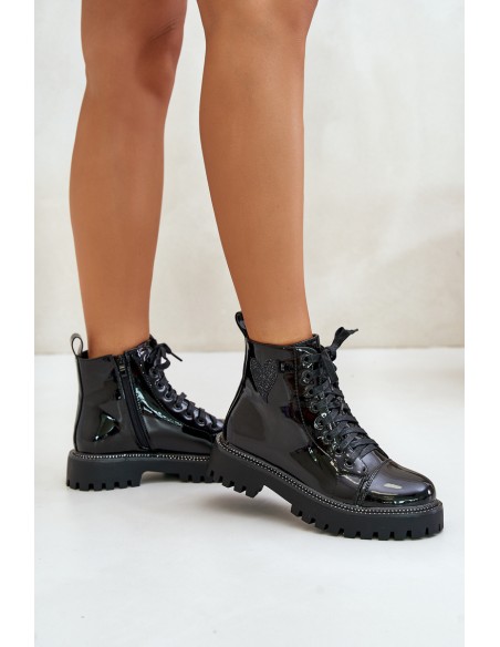 Lacquered Ankle Boots With Zip And Decorative Heart Black Obeena