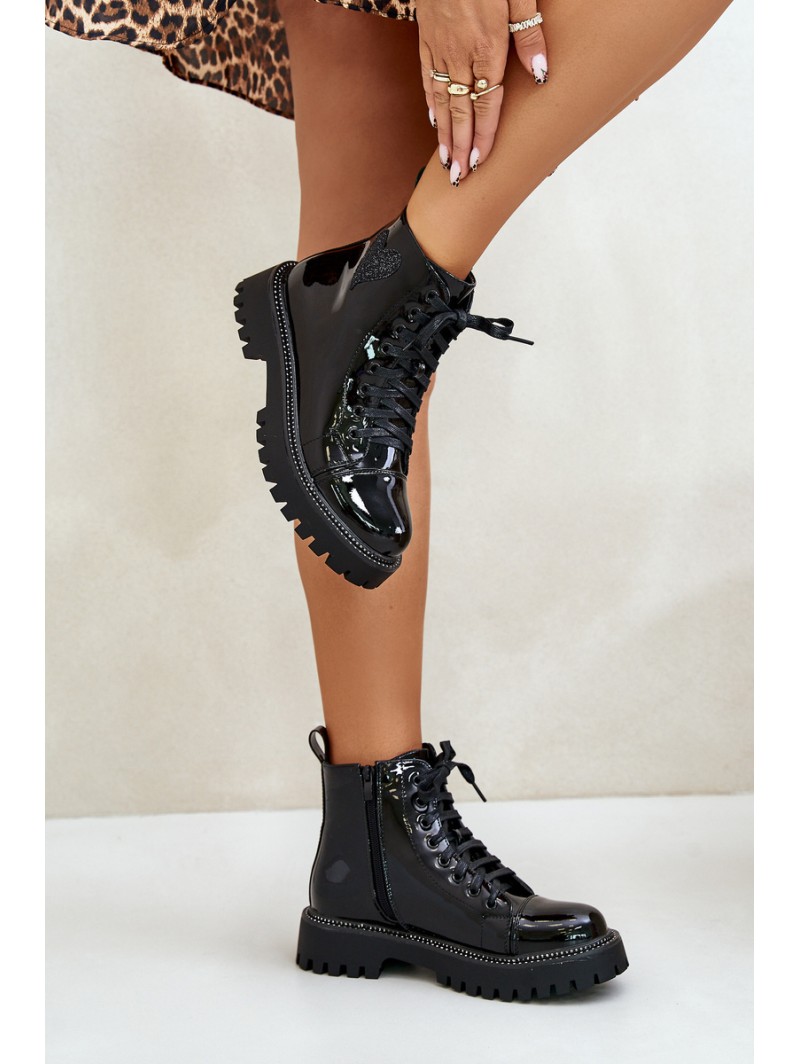 Lacquered Ankle Boots With Zip And Decorative Heart Black Obeena