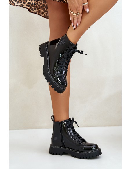 Lacquered Ankle Boots With Zip And Decorative Heart Black Obeena