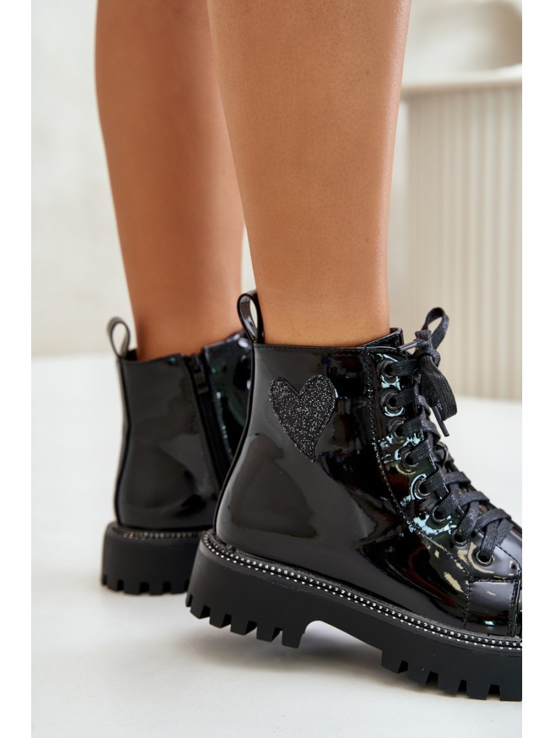 Lacquered Ankle Boots With Zip And Decorative Heart Black Obeena