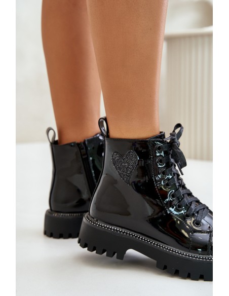 Lacquered Ankle Boots With Zip And Decorative Heart Black Obeena