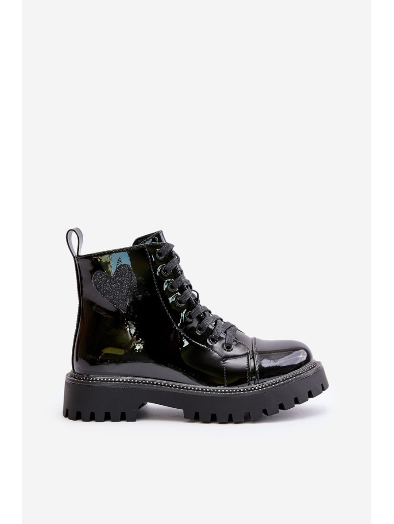 Lacquered Ankle Boots With Zip And Decorative Heart Black Obeena