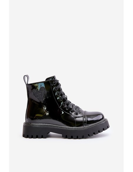 Lacquered Ankle Boots With Zip And Decorative Heart Black Obeena
