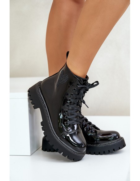 Lacquered Ankle Boots With Zip And Decorative Heart Black Obeena