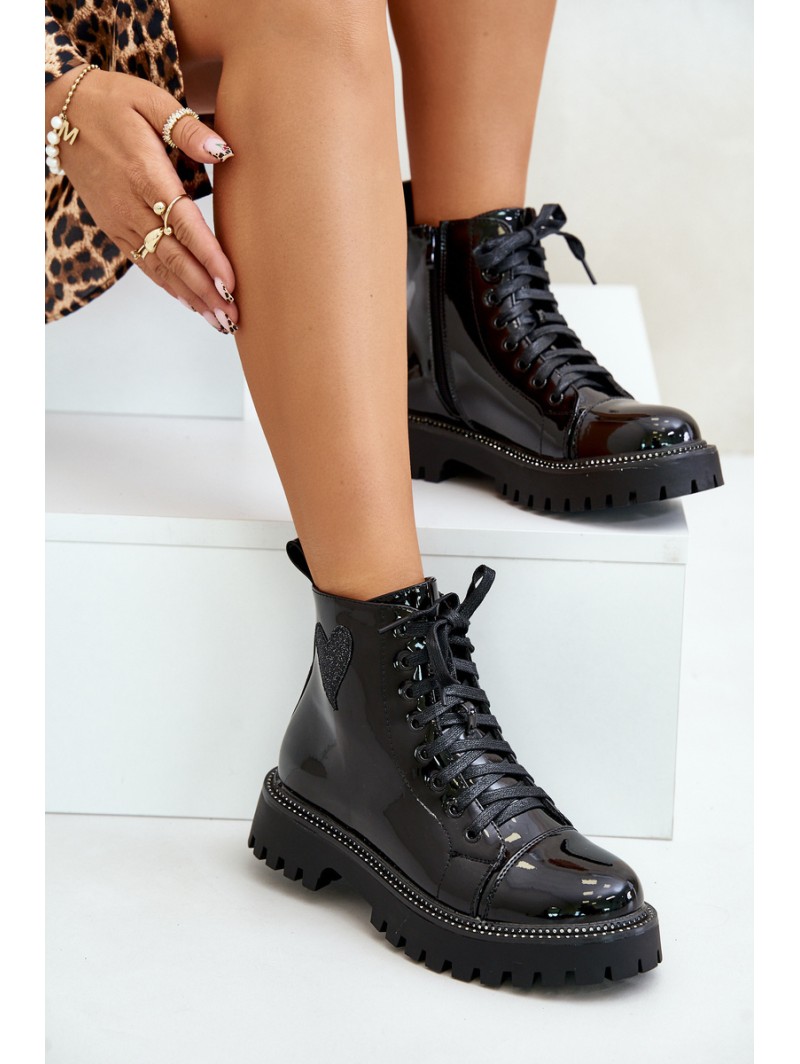 Lacquered Ankle Boots With Zip And Decorative Heart Black Obeena