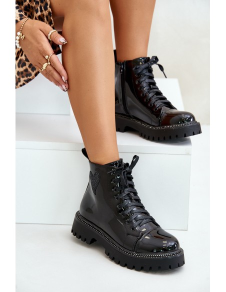 Lacquered Ankle Boots With Zip And Decorative Heart Black Obeena