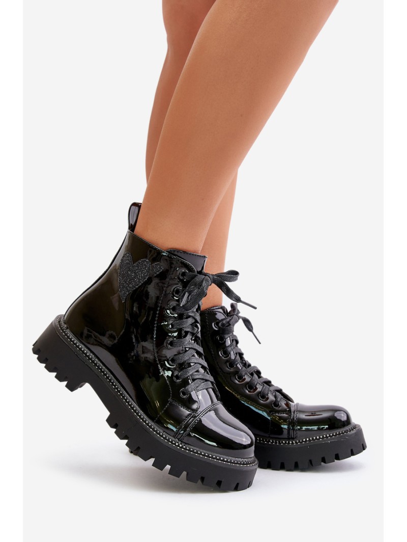 Lacquered Ankle Boots With Zip And Decorative Heart Black Obeena