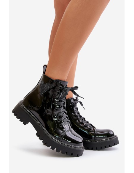 Lacquered Ankle Boots With Zip And Decorative Heart Black Obeena