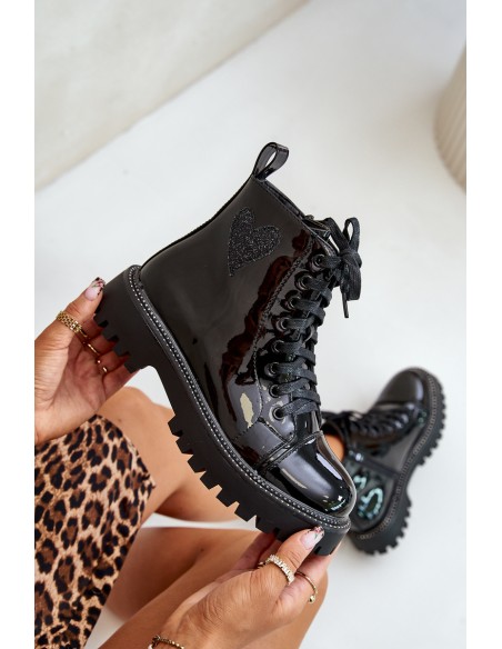 Lacquered Ankle Boots With Zip And Decorative Heart Black Obeena