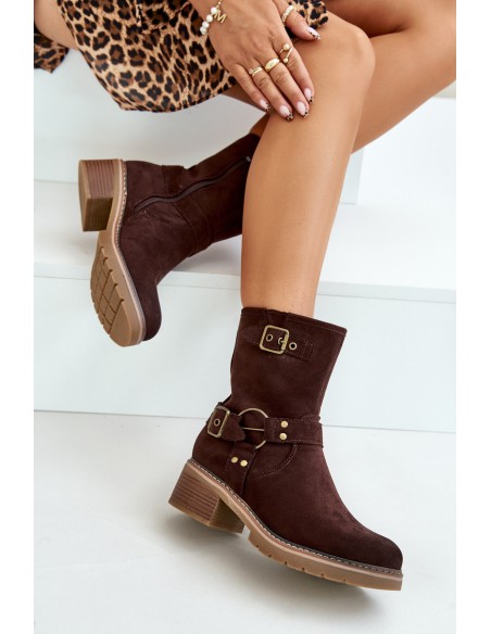 Women's Ankle Boots On Low Heel With Buckles Brown Zudra