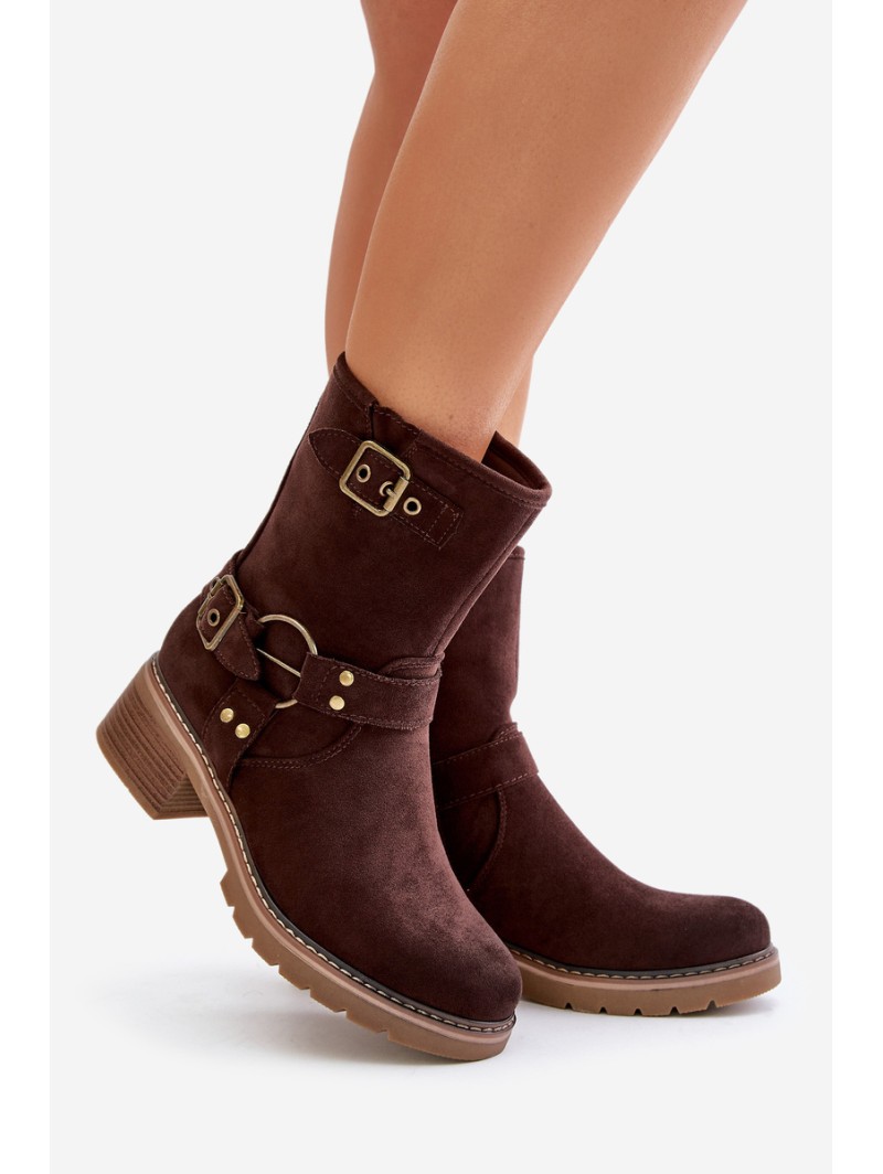 Women's Ankle Boots On Low Heel With Buckles Brown Zudra