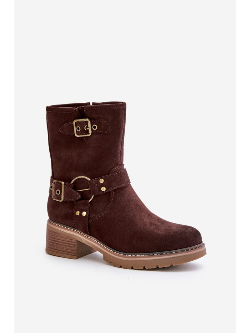 Women's Ankle Boots On Low Heel With Buckles Brown Zudra