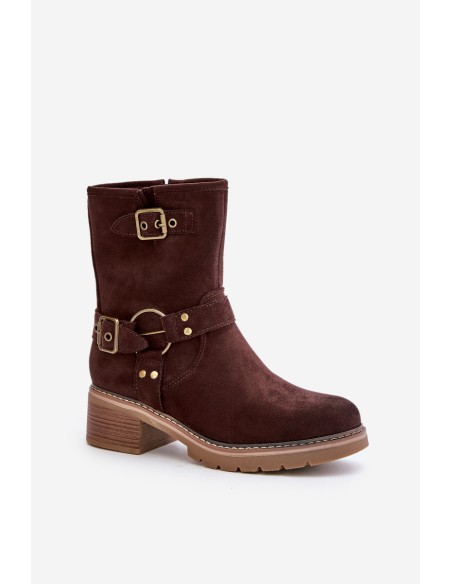 Women's Ankle Boots On Low Heel With Buckles Brown Zudra