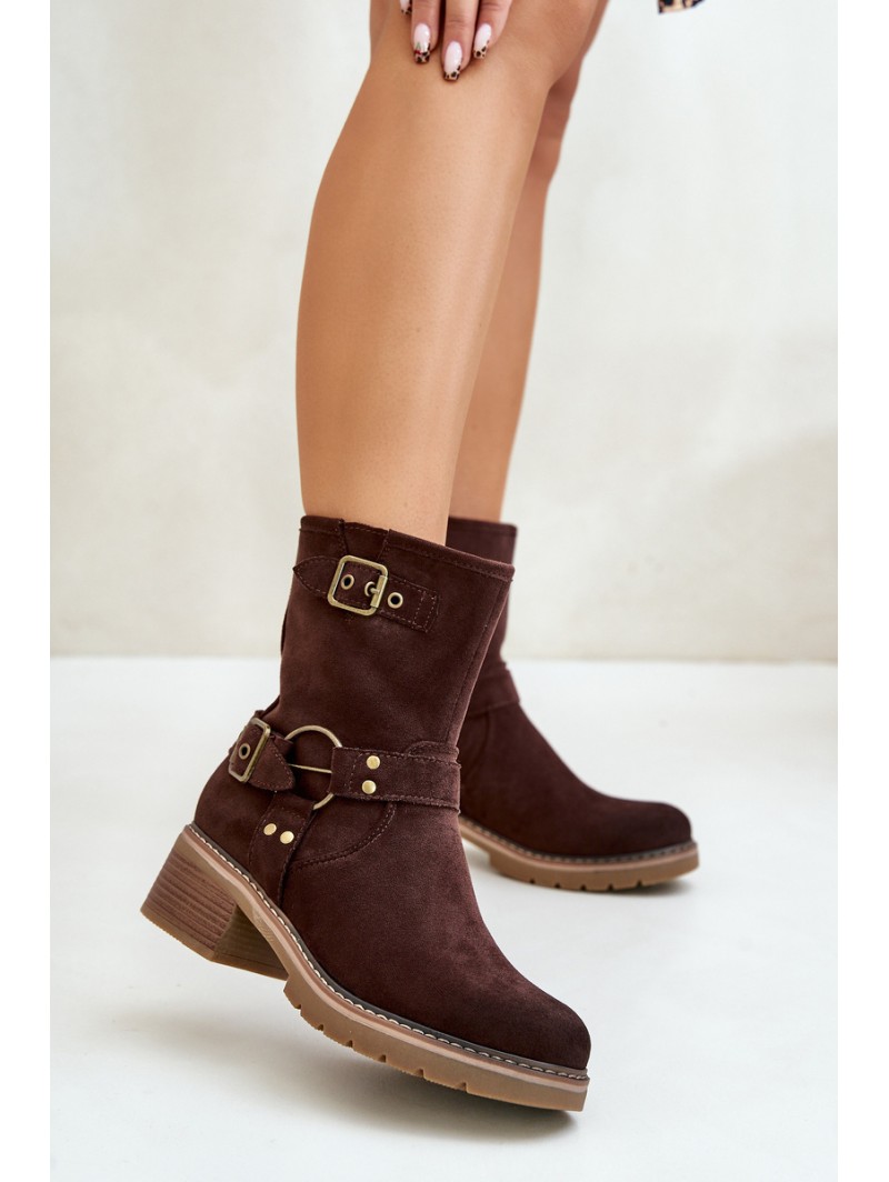 Women's Ankle Boots On Low Heel With Buckles Brown Zudra