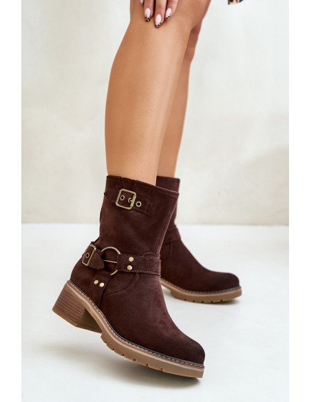 Women's Ankle Boots On Low Heel With Buckles Brown Zudra