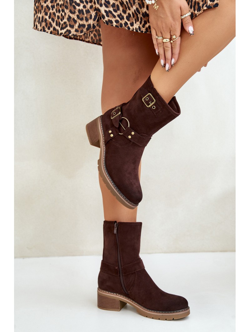 Women's Ankle Boots On Low Heel With Buckles Brown Zudra