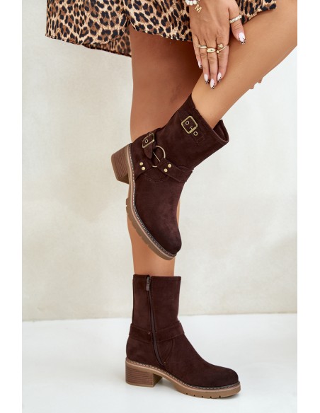Women's Ankle Boots On Low Heel With Buckles Brown Zudra