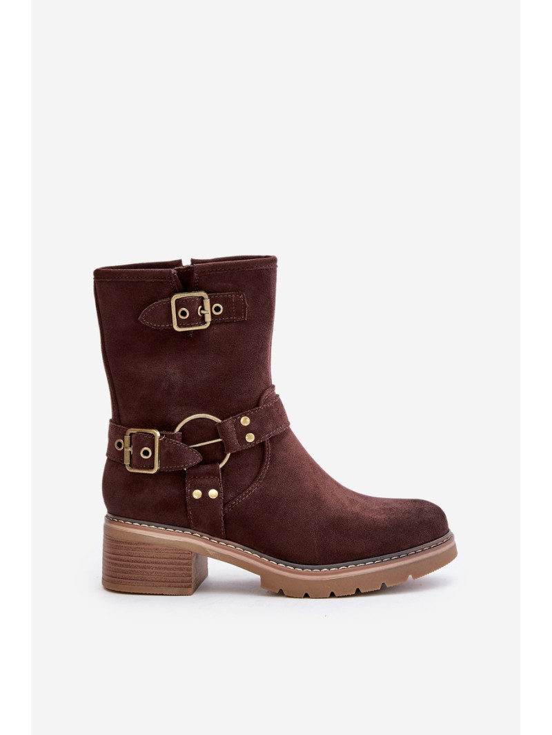 Women's Ankle Boots On Low Heel With Buckles Brown Zudra