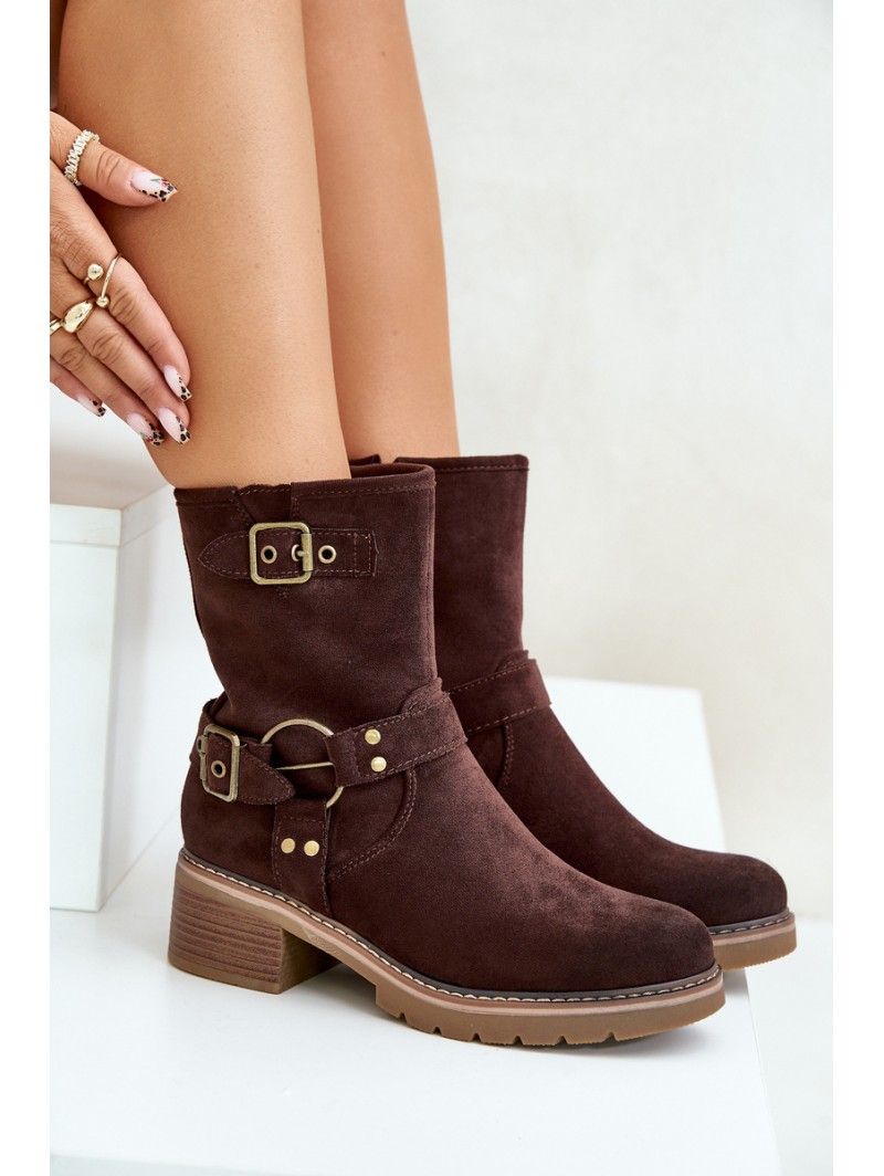 Women's Ankle Boots On Low Heel With Buckles Brown Zudra