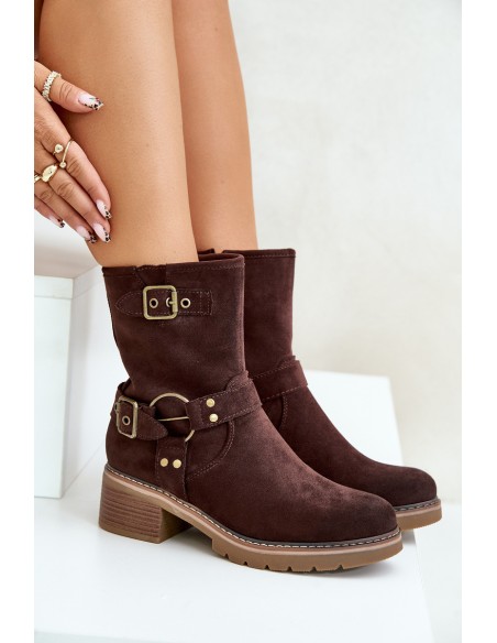 Women's Ankle Boots On Low Heel With Buckles Brown Zudra