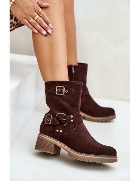 Women's Ankle Boots On Low Heel With Buckles Brown Zudra