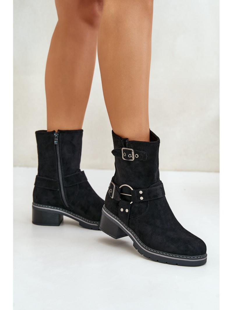 Women's Low Heel Boots With Buckles Black Zudra