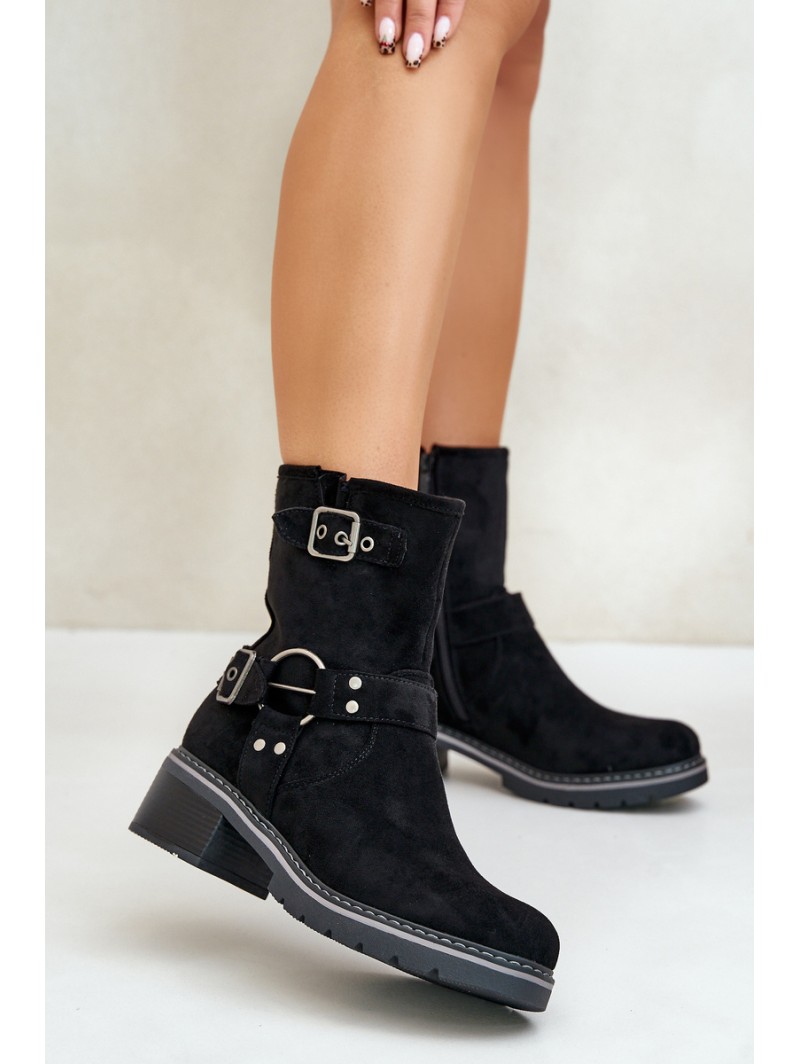 Women's Low Heel Boots With Buckles Black Zudra