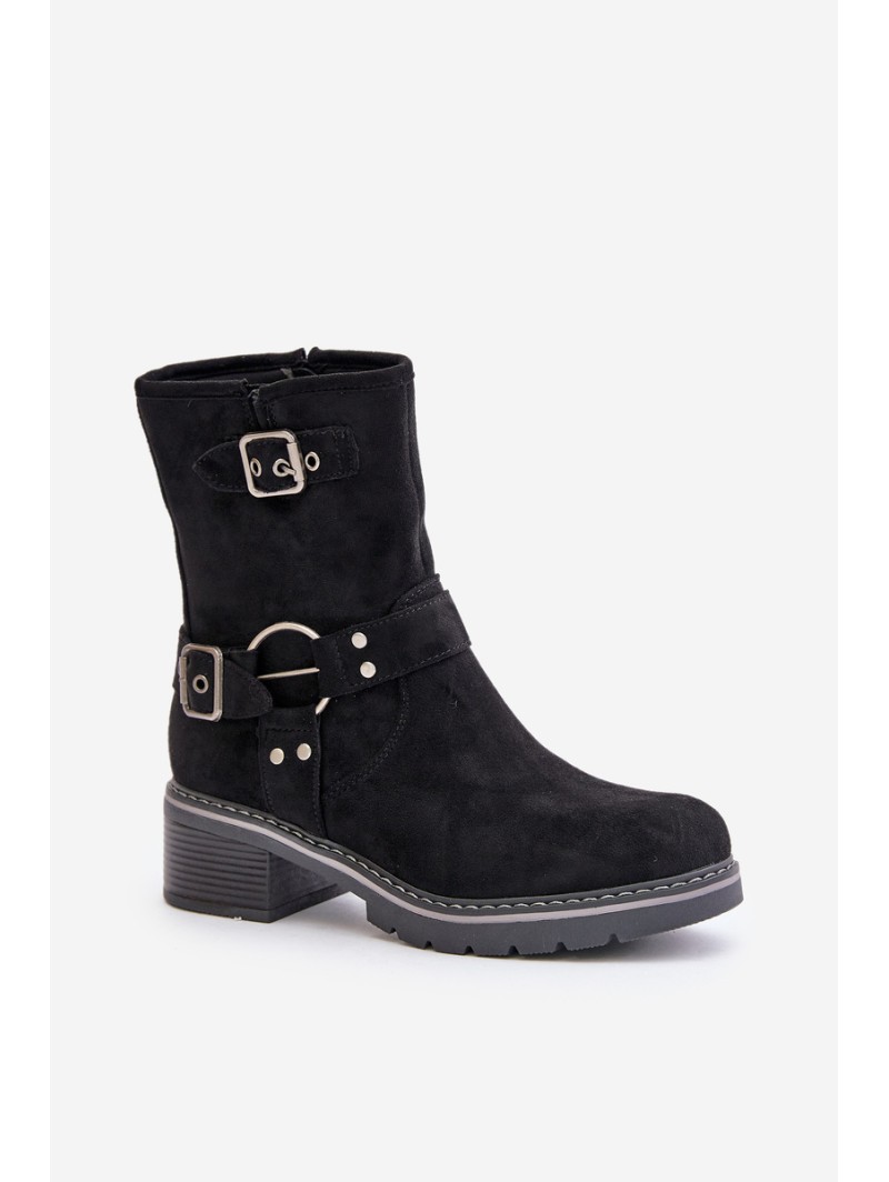 Women's Low Heel Boots With Buckles Black Zudra