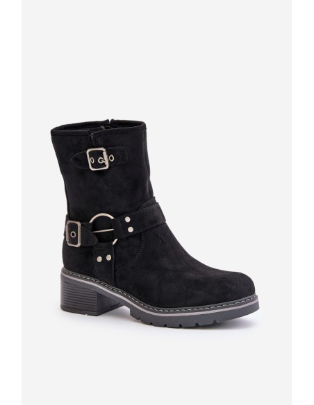 Women's Low Heel Boots With Buckles Black Zudra