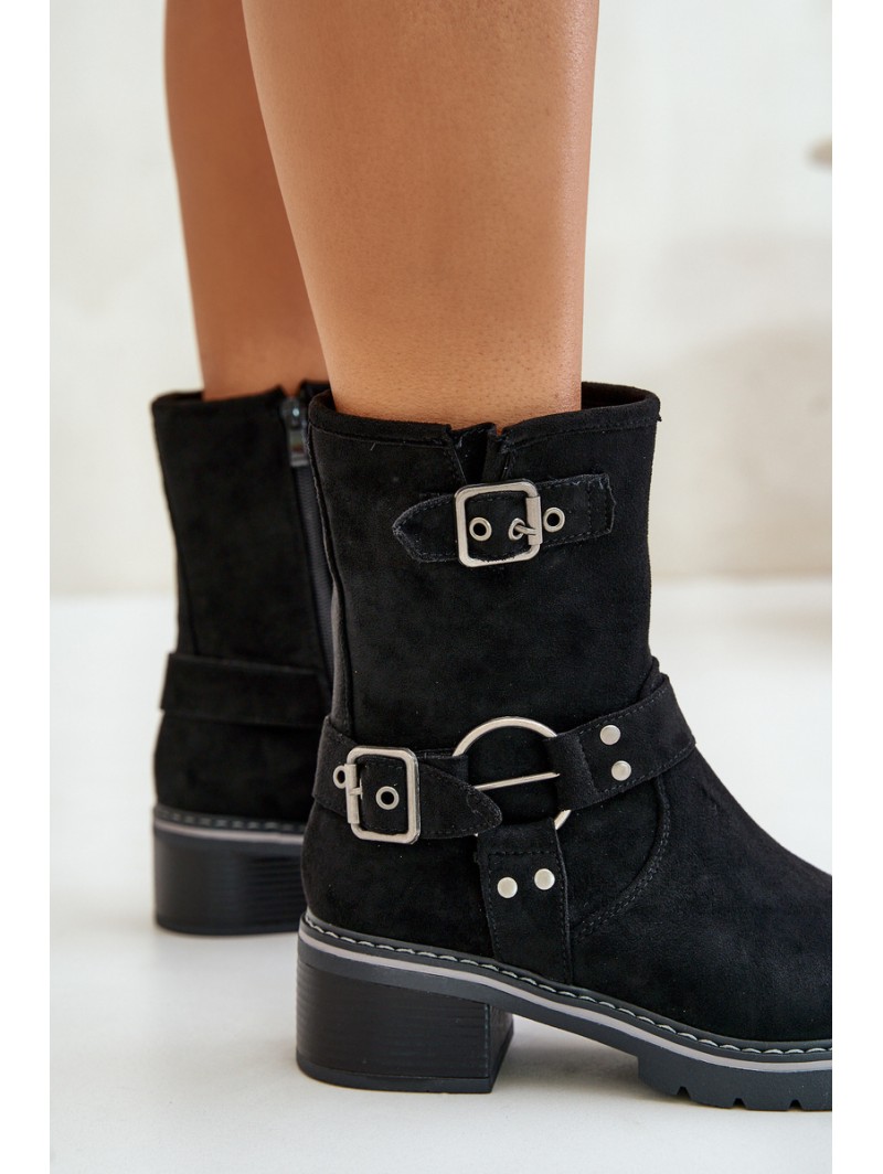 Women's Low Heel Boots With Buckles Black Zudra