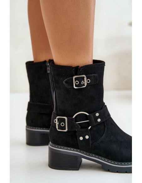 Women's Low Heel Boots With Buckles Black Zudra