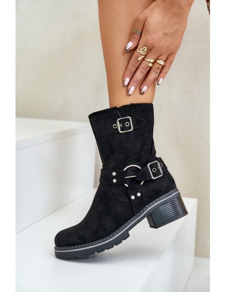 Women's Low Heel Boots With Buckles Black Zudra