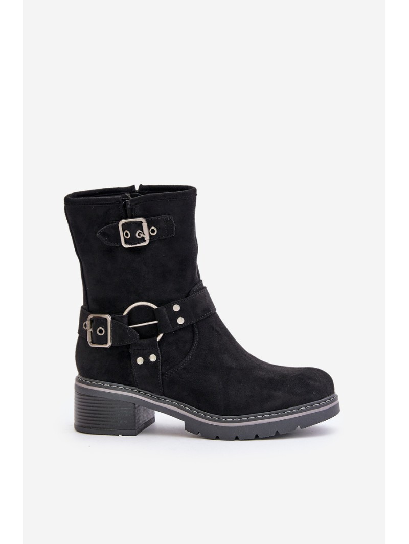 Women's Low Heel Boots With Buckles Black Zudra