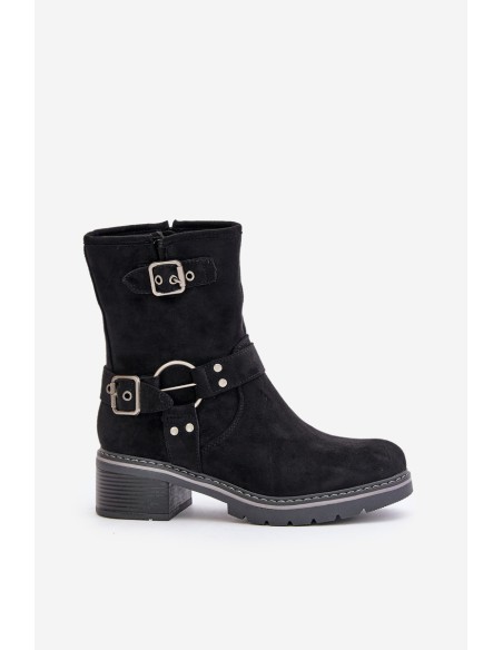 Women's Low Heel Boots With Buckles Black Zudra