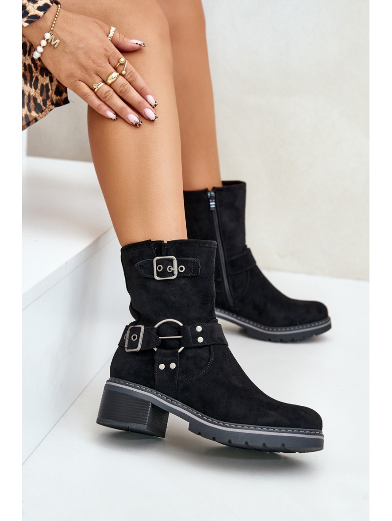 Women's Low Heel Boots With Buckles Black Zudra