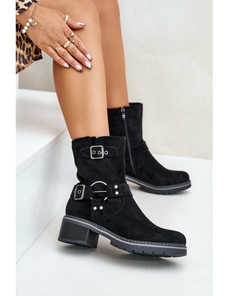 Women's Low Heel Boots With Buckles Black Zudra
