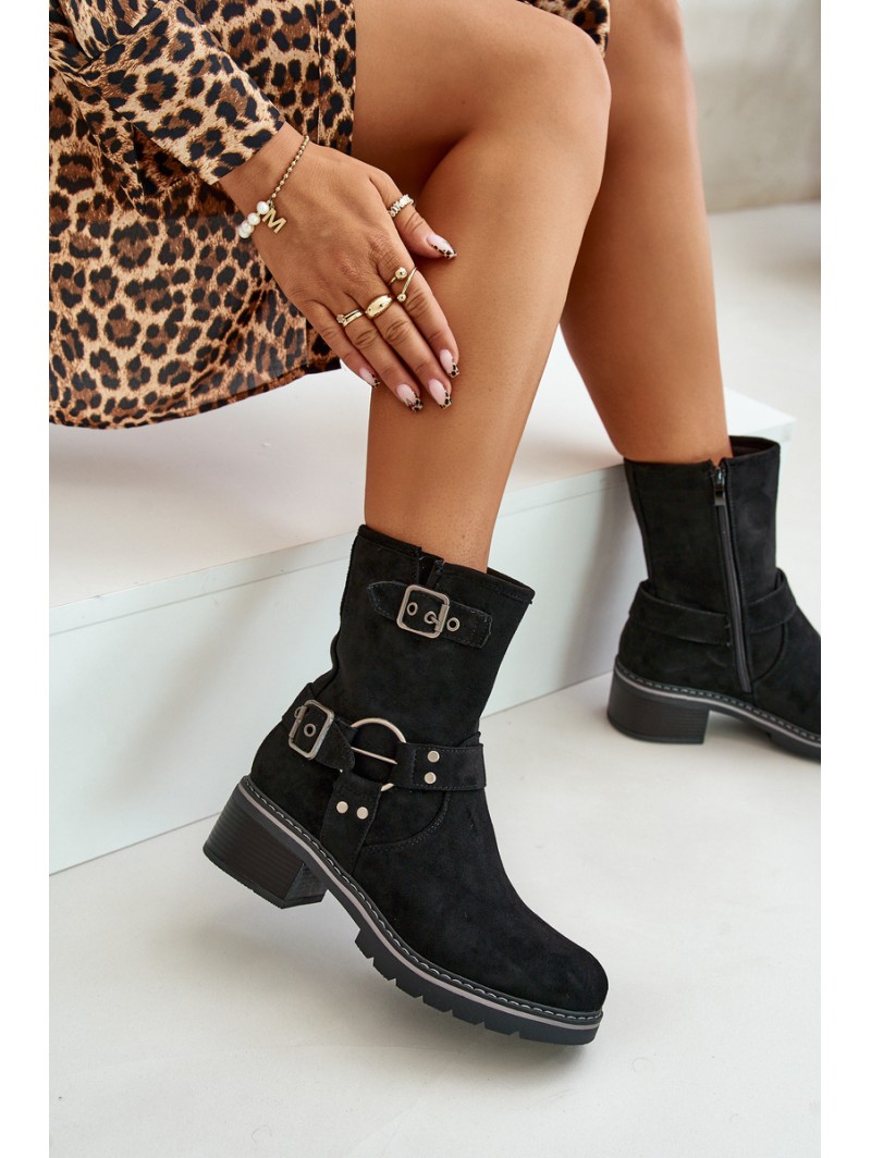Women's Low Heel Boots With Buckles Black Zudra
